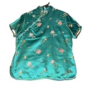 Japan Kimono Chinese Cheongsam Green Satin Oriental Womens Size 40 Zip Vintage